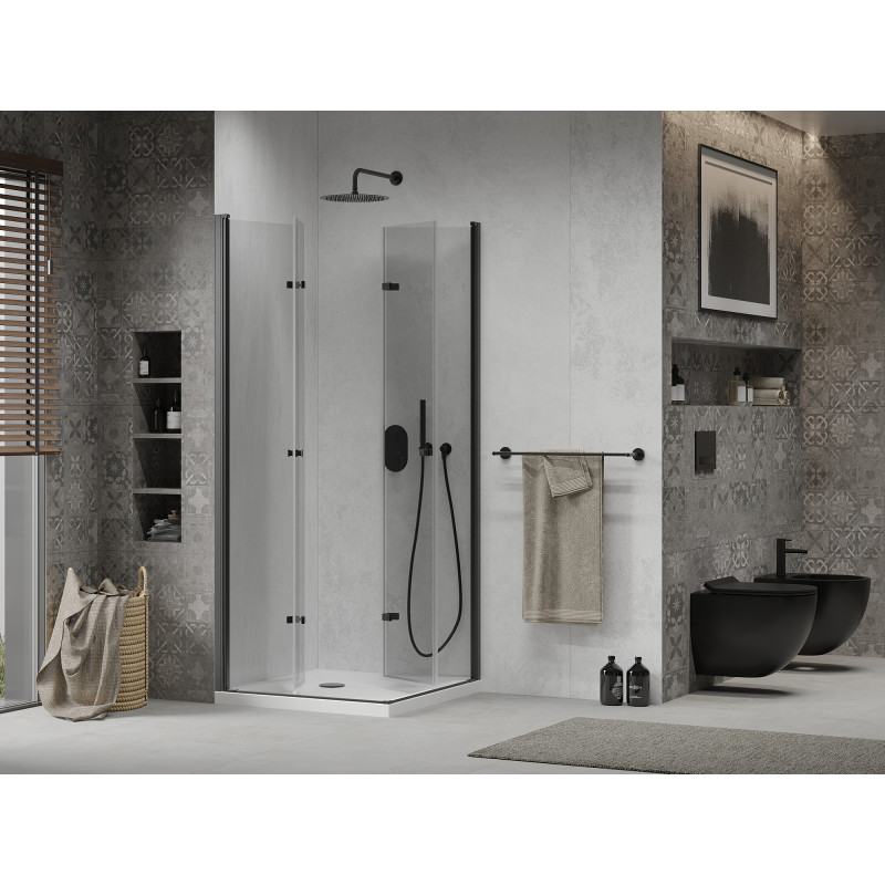 Mexen Lima Duo Folding Shower Cabin 80 x 80 cm, Transparent, Black + Flat Shower Tray - 856-080-080-70-02-4010B