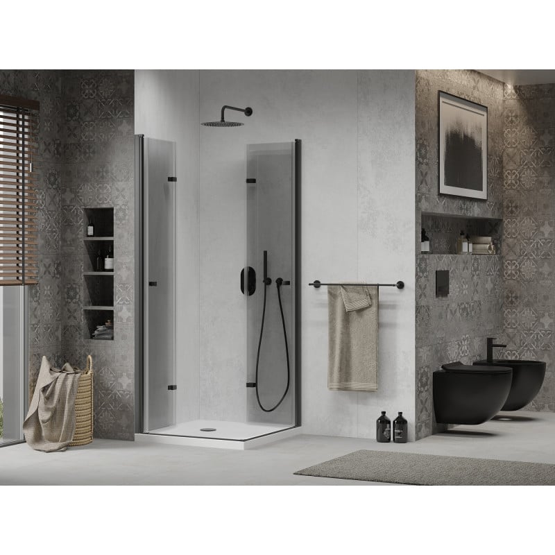 Mexen Lima Duo Folding Shower Cabin 80 x 80 cm, Transparent, Black + Flat Shower Tray - 856-080-080-70-02-4010B