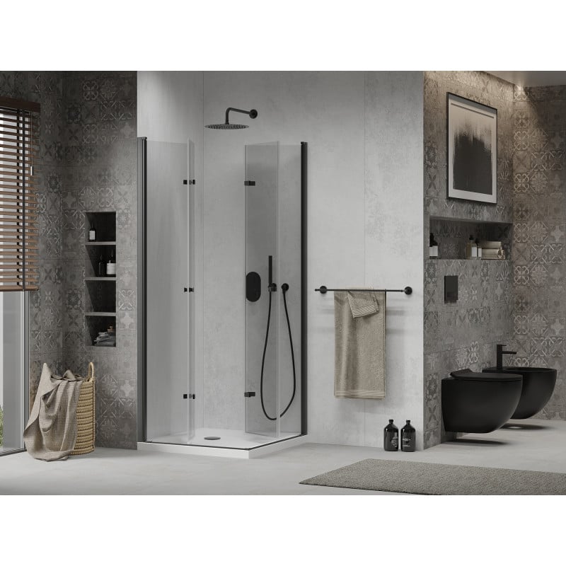 Mexen Lima Duo Foldable Shower Cabin 100 x 100 cm, Transparent, Black + Flat Shower Tray - 856-100-100-70-02-4010B
