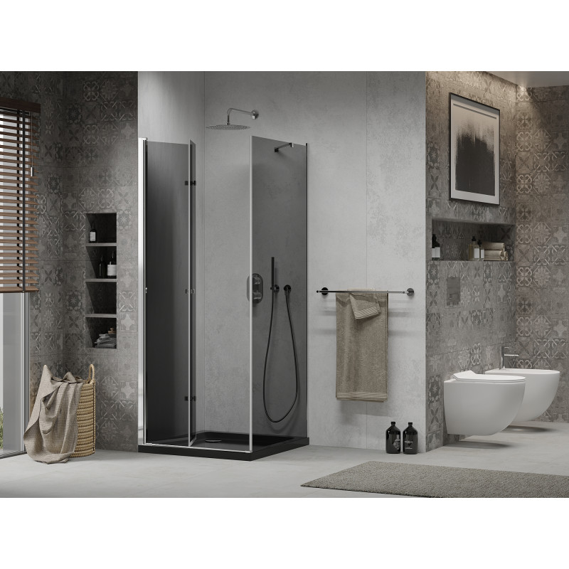 Mexen Lima folding shower cabin 80 x 80 cm, graphite, chrome + Flat shower tray, black - 856-080-080-01-40-4070