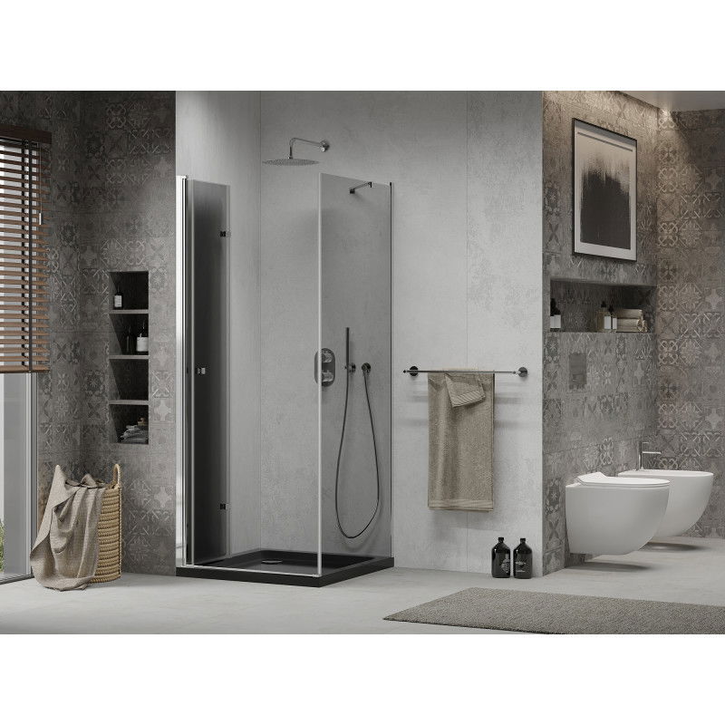 Mexen Lima folding shower enclosure 90 x 90 cm, graphite, chrome + Flat tray, black - 856-090-090-01-40-4070