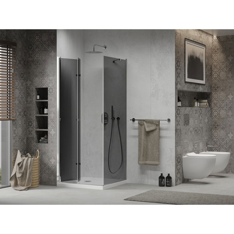 Mexen Lima folding shower cabin 70 x 70 cm, graphite, chrome + Flat shower tray, white - 856-070-070-01-40-4010