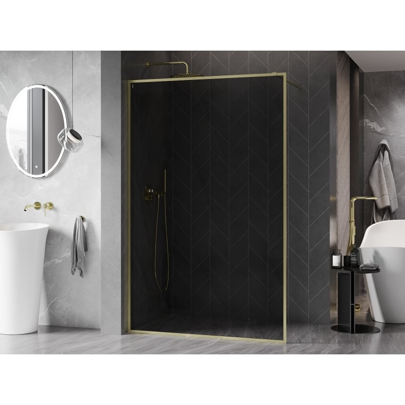 Mexen Kioto-F Walk-in Shower Wall with Frame 80 x 202 cm, Graphite 8 mm, Brushed Gold - 800-080-104-55-40