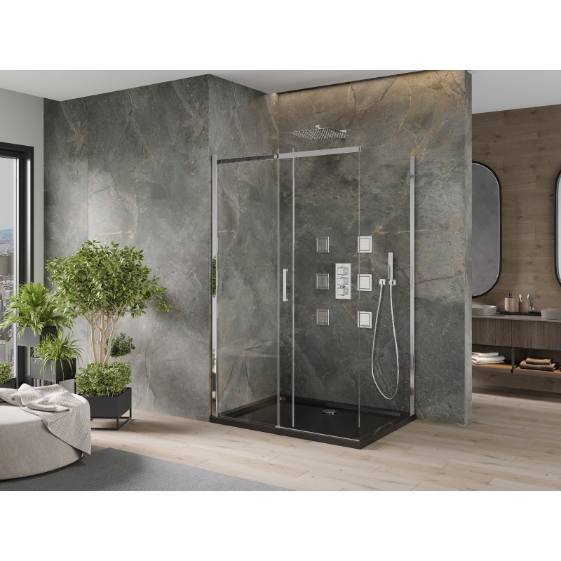 Mexen Omega sliding shower enclosure 120 x 90 cm, transparent, chrome + Flat shower tray, black - 825-120-090-01-00-4070