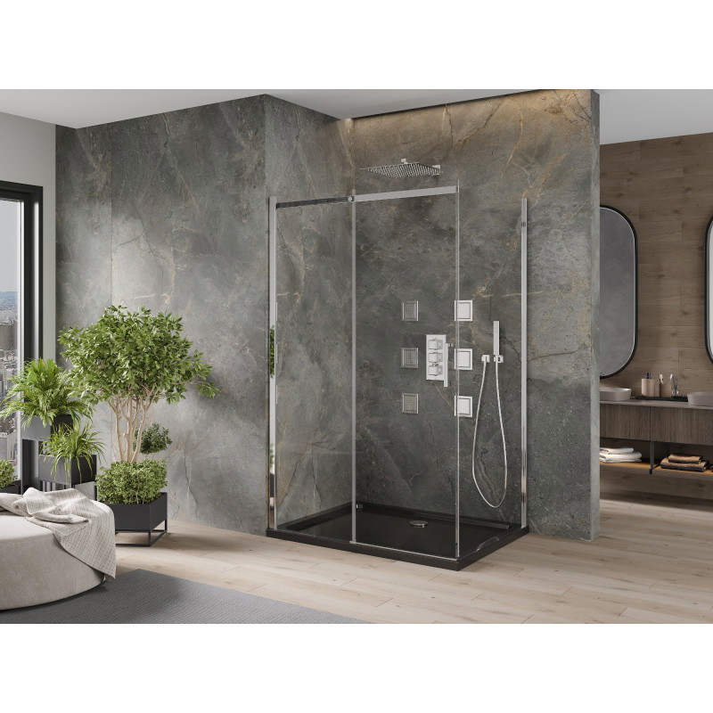 Mexen Omega sliding shower enclosure 120 x 90 cm, transparent, chrome + Flat shower tray, black - 825-120-090-01-00-4070