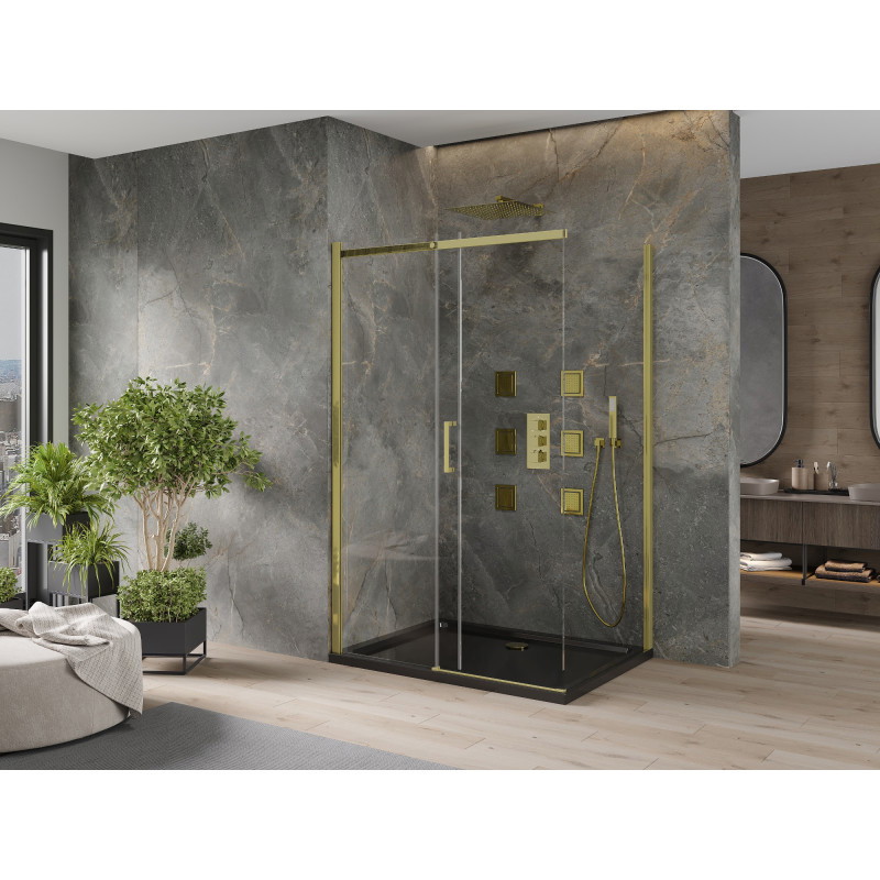 Mexen Omega sliding shower cabin 100 x 90 cm, transparent, gold + Flat shower tray, black - 825-100-090-50-00-4070G