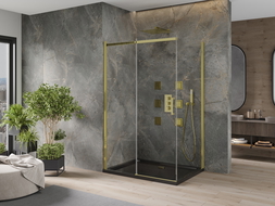 Mexen Omega extendable shower cubicle 100 x 90 cm, Transparent, Gold + shower tray Flat, Black - 825-100-090-50-00-4070G