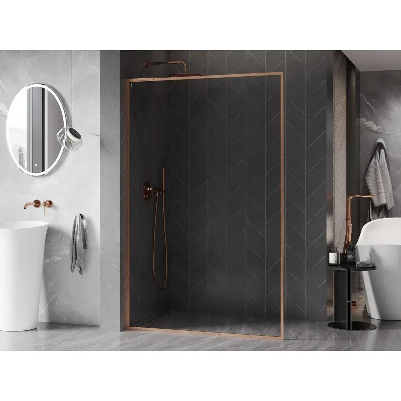Mexen Kioto-F L Walk-in Shower Screen with Frame 50 x 202 cm, Transparent 8 mm, Brushed Copper - 800-050-174-65-00
