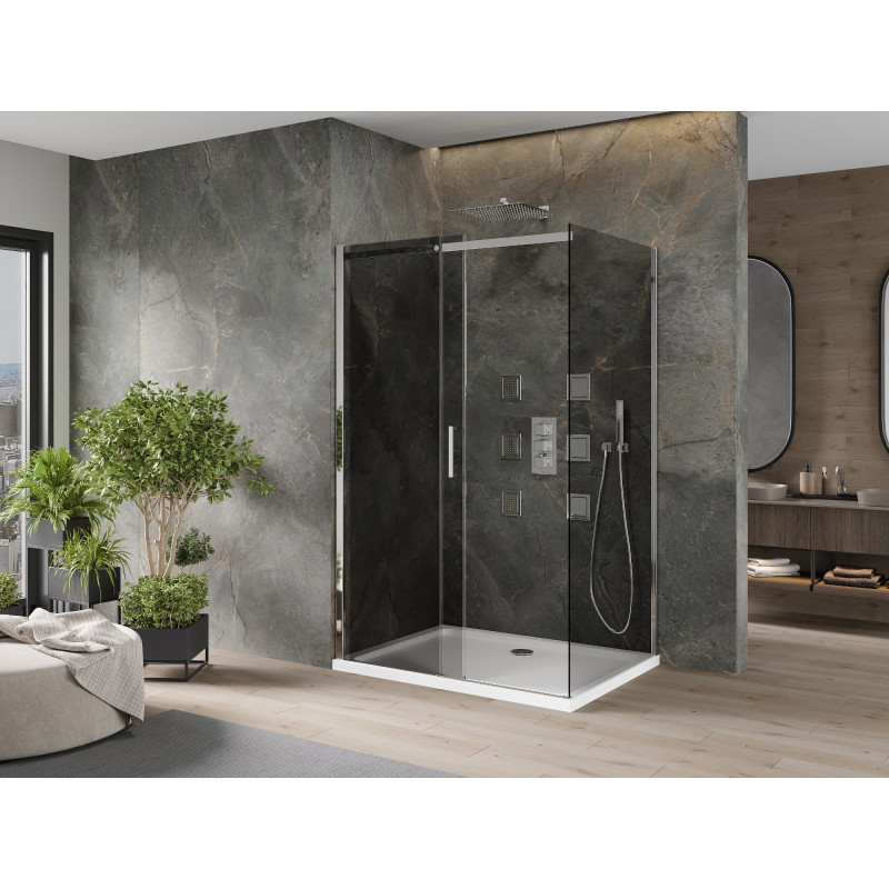 Mexen Omega sliding shower enclosure 130 x 90 cm, graphite, chrome + Flat shower tray, white - 825-130-090-01-40-4010