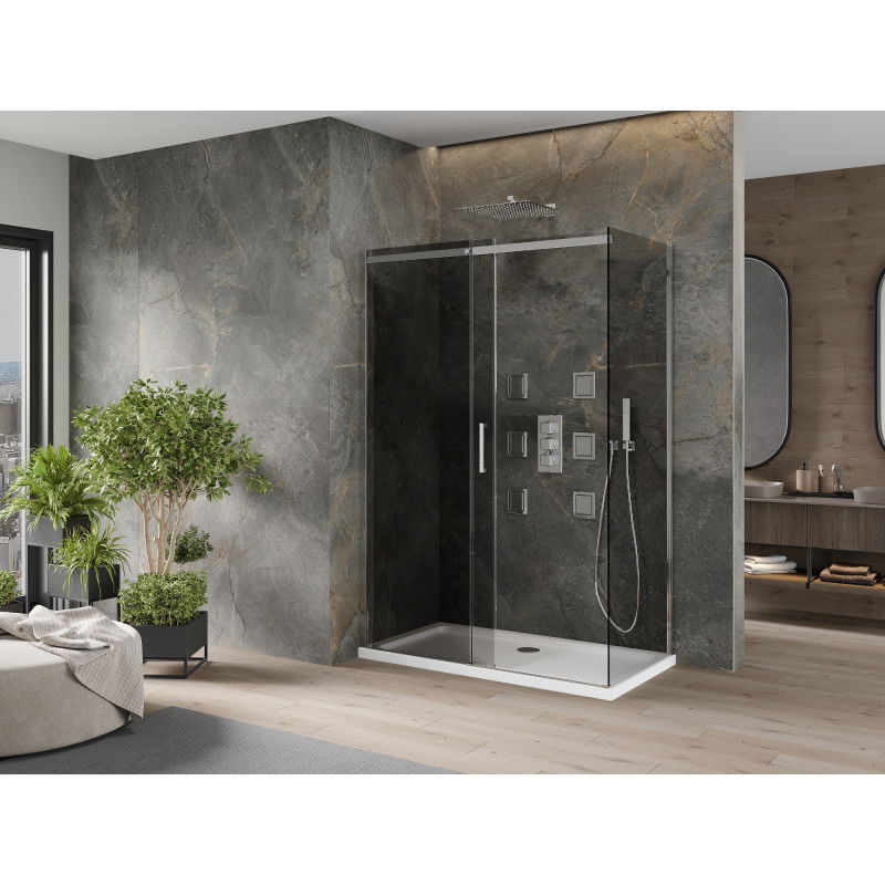 Mexen Omega sliding shower enclosure 140 x 80 cm, graphite, chrome + Flat tray, white - 825-140-080-01-40-4010