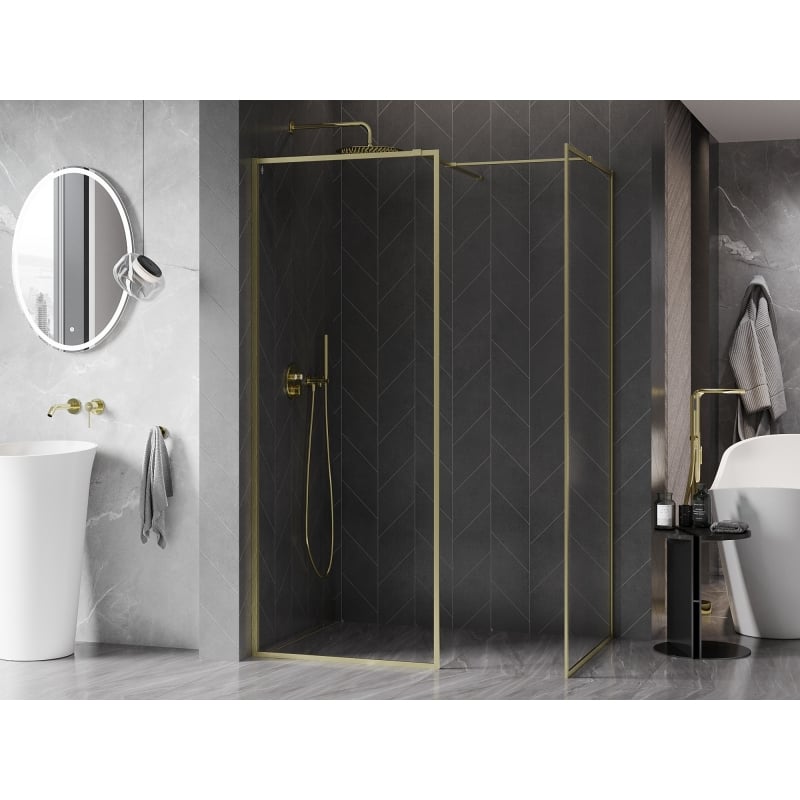 Mexen Kioto-XF Walk-in Shower Wall with Frame 100 x 70 cm, Transparent 10 mm, Brushed Gold - 800-100-202-04-55-070-XF
