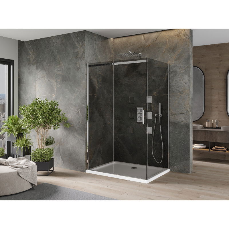 Mexen Omega 140 x 100 cm Sliding Shower Enclosure, Graphite, Chrome + Flat Shower Tray, White - 825-140-100-01-40-4010
