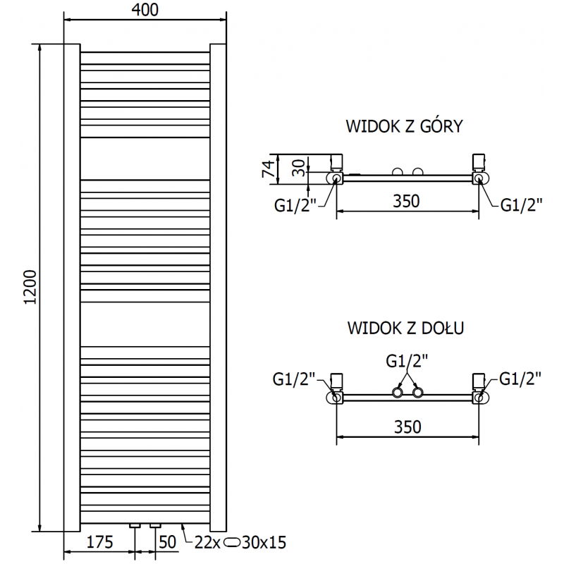 Mexen Hades bathroom radiator 1200 x 400 mm, 373 W, gold - W104-1200-400-00-50