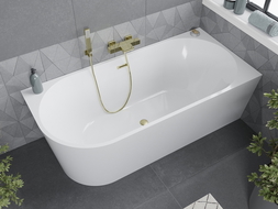 Mexen Mia freestanding corner right bathtub 140 x 75 cm, white, brushed gold overflow - 52691407500P-55