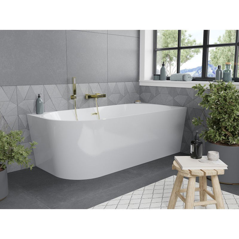 Mexen Mia freestanding right corner bath 140 x 75 cm, white, brushed gold overflow - 52691407500P-55