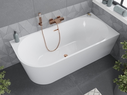 Mexen Mia freestanding corner bathtub right 140 x 75 cm, white, overflow rose gold - 52691407500P-60
