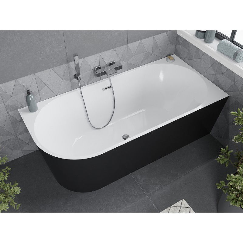 Mexen Mia freestanding corner right tub 140 x 75 cm, white/black, chrome overflow - 52691407575P-01