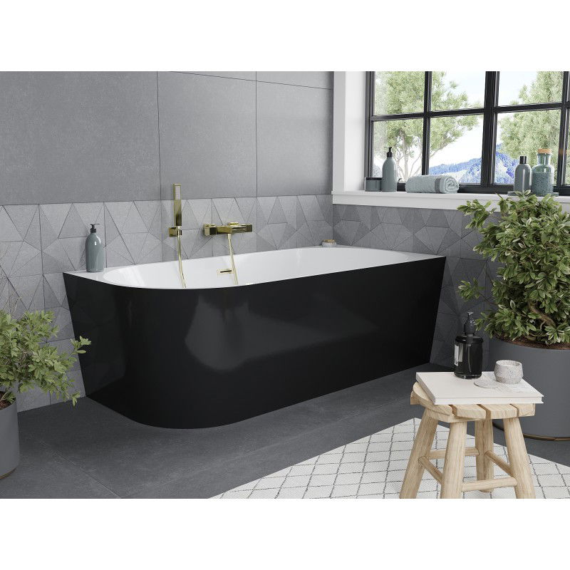 Mexen Mia freestanding corner bathtub right 140 x 75 cm, white/black, brushed gold overflow - 52691407575P-55