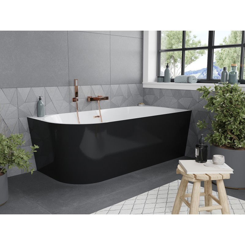 Mexen Mia freestanding corner right bath 140 x 75 cm, white/black, brushed copper overflow - 52691407575P-65