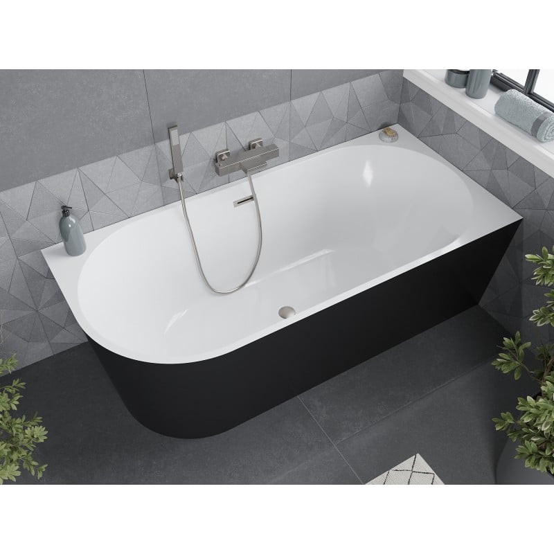 Mexen Mia freestanding corner right bathtub 140 x 75 cm, white/black, brushed nickel overflow - 52691407575P-97