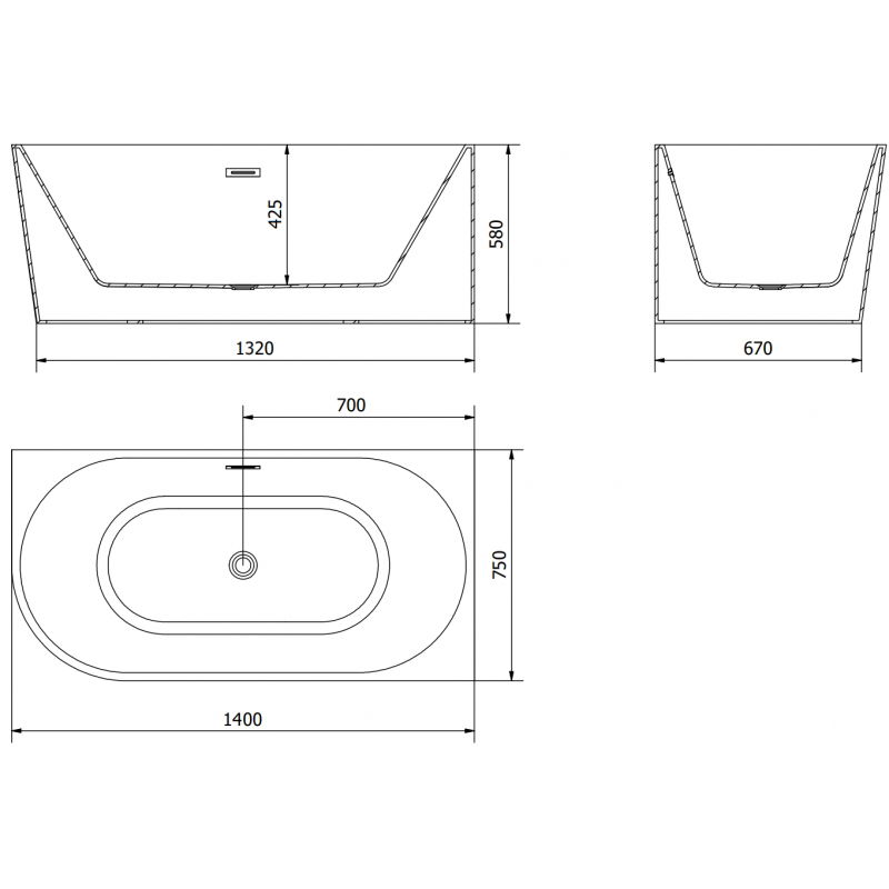 Mexen Mia 140 x 75 cm Freestanding Right Corner Bathtub, White/Black, Black Overflow - 52691407575P-70
