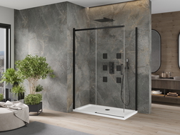 Mexen Omega extendable shower cubicle 140 x 80 cm, Transparent, Black + shower tray Flat, White - 825-140-080-70-00-4010B