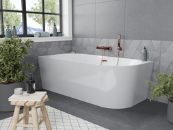 Mexen Mia freestanding corner bath left 140 x 75 cm, white, rose gold overflow - 52691407500L-60