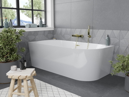 Mexen Mia freestanding corner bathtub left 140 x 75 cm, white, brushed gold overflow - 52691407500L-55