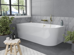 Mexen Mia freestanding corner left bath 140 x 75 cm, white, brushed gold overflow - 52691407500L-55