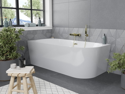 Mexen Mia freestanding corner bath left 160 x 80 cm, white, overflow gold - 52691608000L-50
