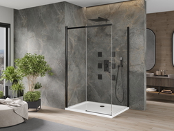 Mexen Omega extendable shower cubicle 140 x 100 cm, Transparent, Black + shower tray Flat, White - 825-140-100-70-00-4010B