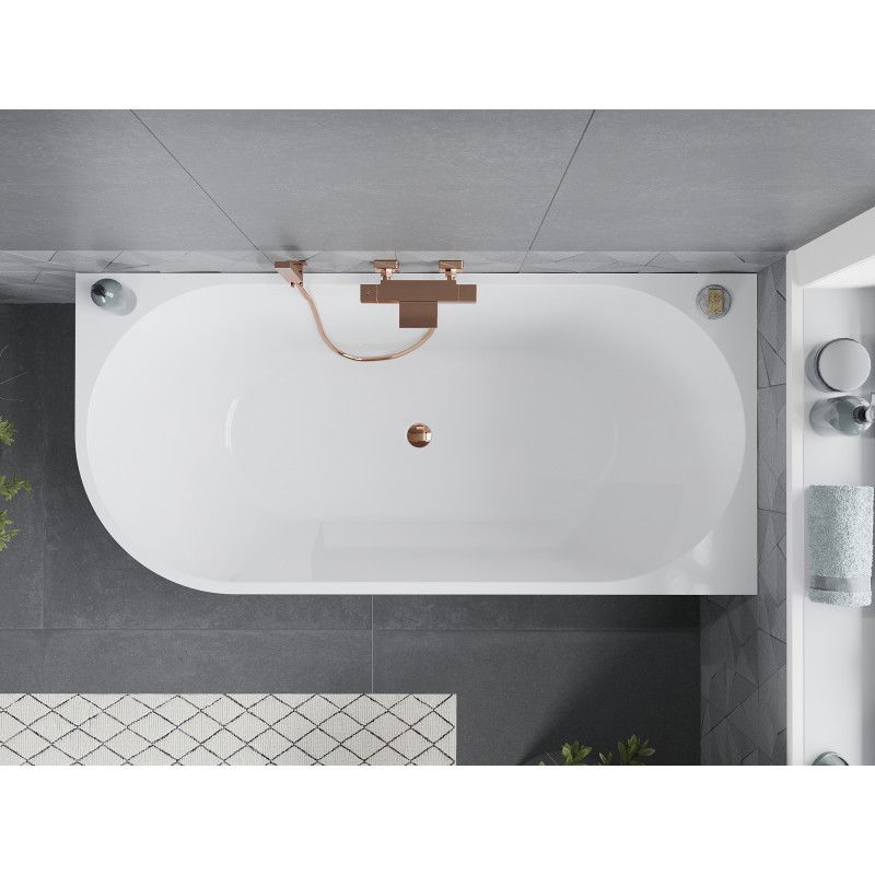 Mexen Mia freestanding corner bath right 160 x 80 cm, white, overflow rose gold - 52691608000P-60