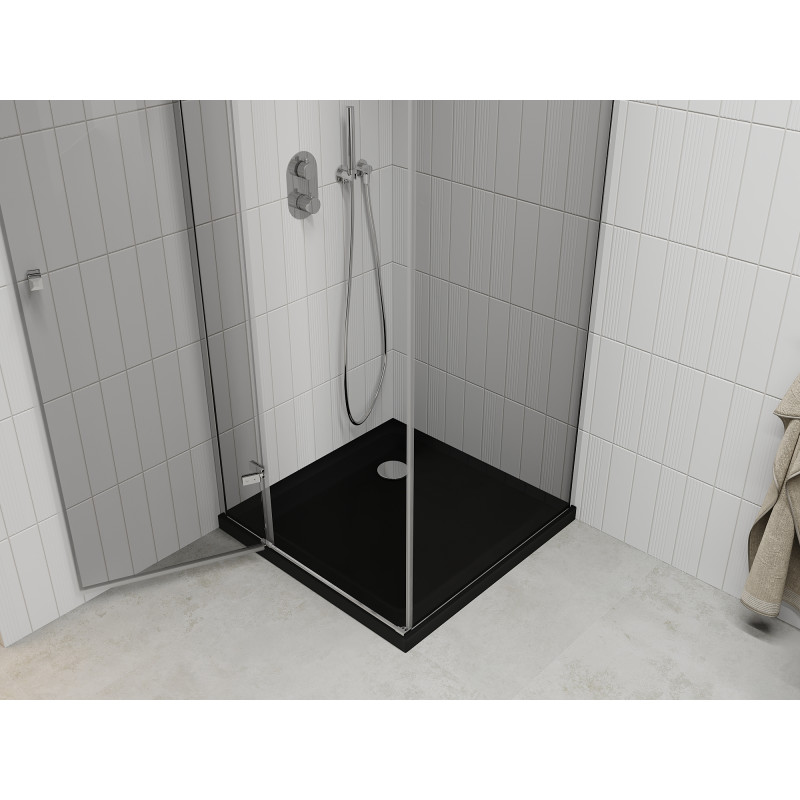 Mexen Roma swing shower cabin 80 x 80 cm, transparent, chrome + Flat shower tray, black - 854-080-080-01-00-4070