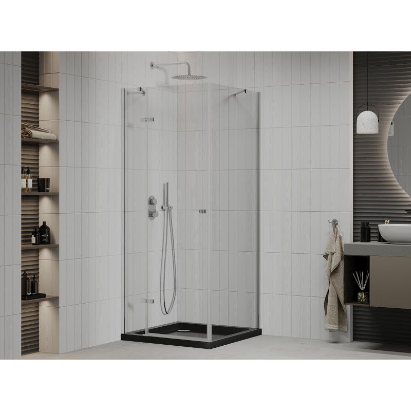 Mexen Roma 80 x 80 cm Hinged Shower Cabin, Transparent, Chrome + Flat Tray, Black - 854-080-080-01-00-4070