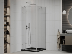 Mexen Roma swing shower cabin 80 x 80 cm, transparent, chrome + Flat shower tray, black - 854-080-080-01-00-4070