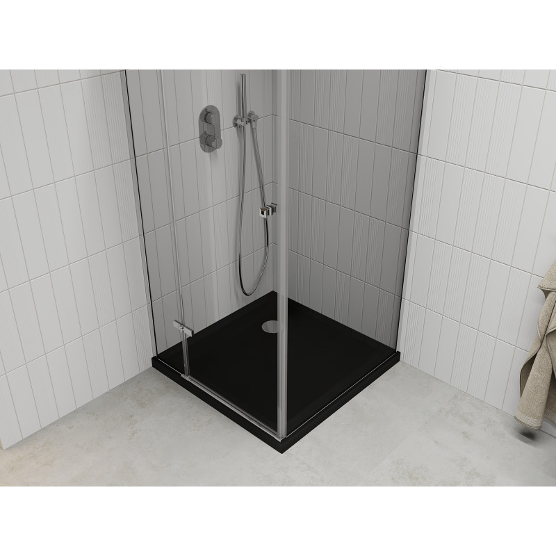 Mexen Roma swing shower cabin 80 x 80 cm, transparent, chrome + Flat shower tray, black - 854-080-080-01-00-4070