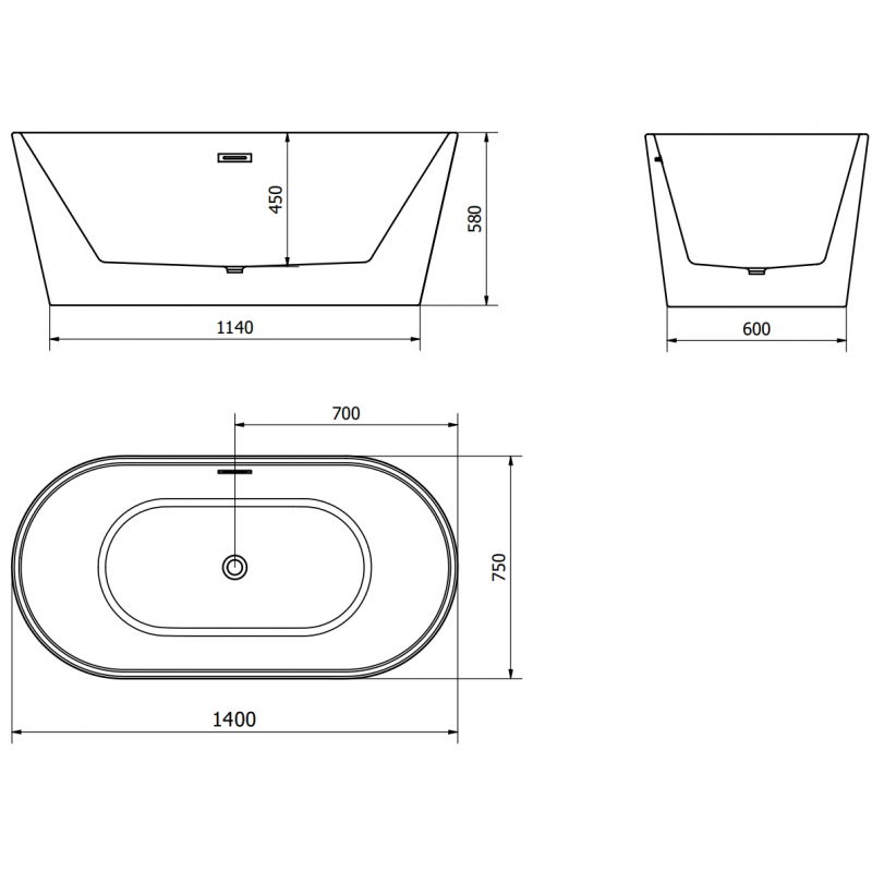 Mexen Luna freestanding bathtub 140 x 75 cm, white/black, gun gray brushed overflow - 52031407575-66
