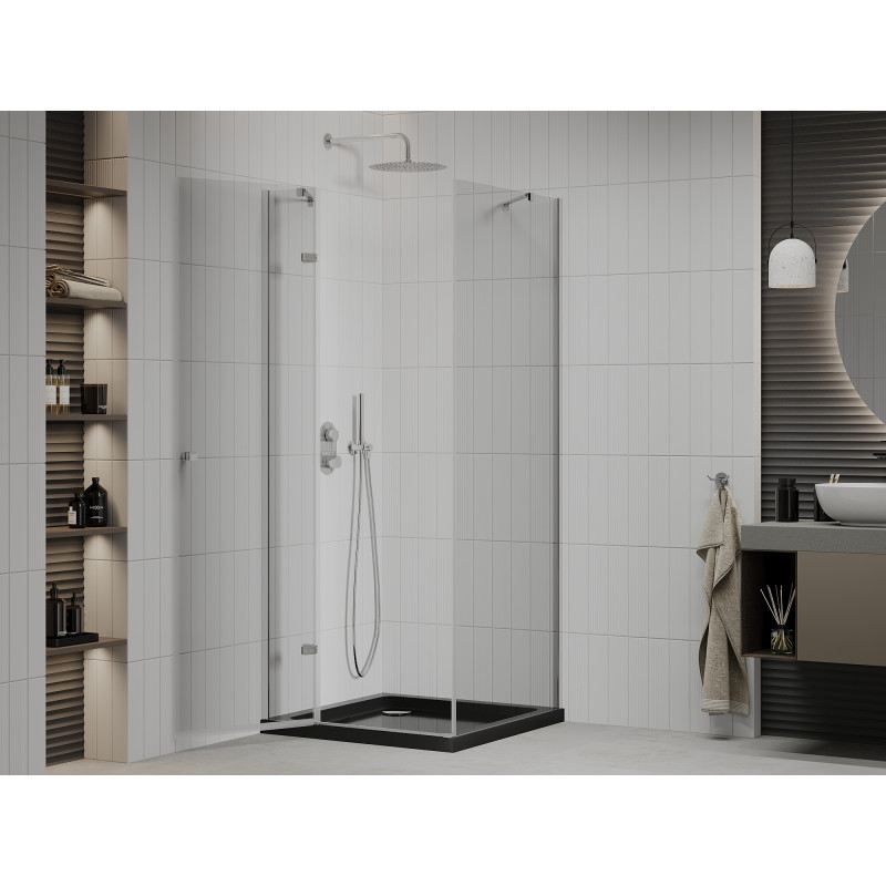 Mexen Roma swing shower cabin 90 x 90 cm, transparent, chrome + Flat tray, black - 854-090-090-01-00-4070