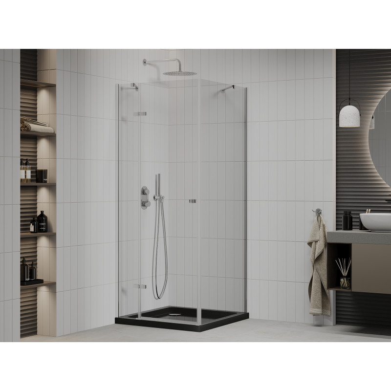 Mexen Roma swing shower cabin 90 x 90 cm, transparent, chrome + Flat tray, black - 854-090-090-01-00-4070
