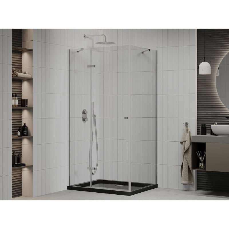 Mexen Roma 90 x 100 cm Swing Shower Enclosure, Transparent, Chrome + Flat Shower Tray, Black - 854-090-100-01-00-4070