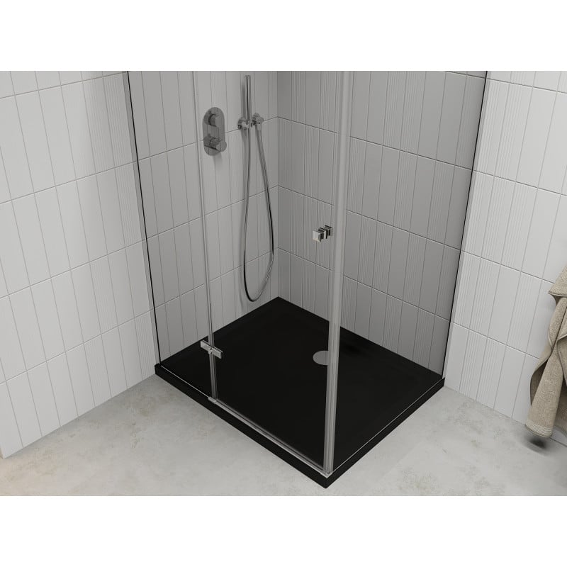 Mexen Roma 90 x 100 cm Swing Shower Enclosure, Transparent, Chrome + Flat Shower Tray, Black - 854-090-100-01-00-4070