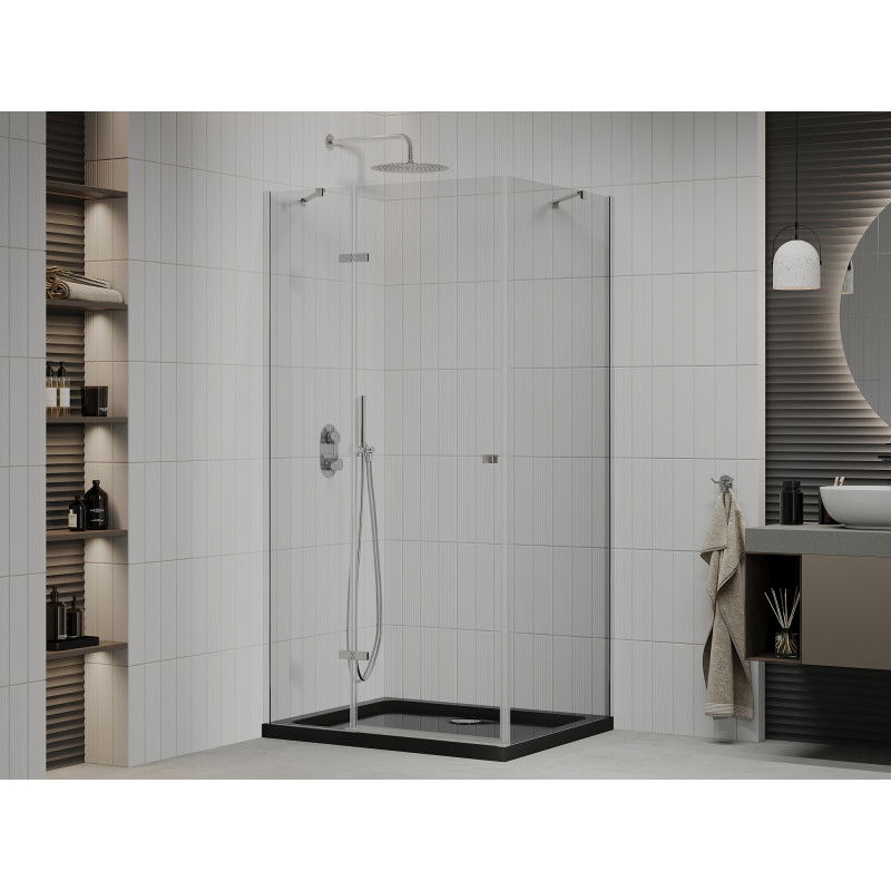 Mexen Roma 120 x 90 cm Hinged Shower Enclosure, Transparent, Chrome + Flat Tray, Black - 854-120-090-01-00-4070
