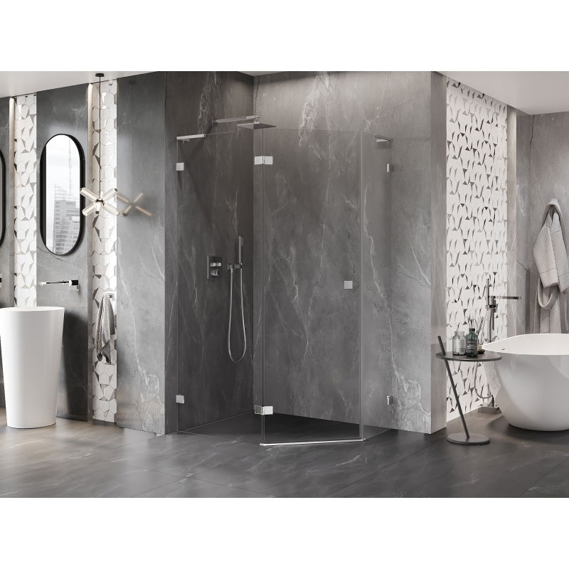 Mexen Lunar L Pentagonal Shower Enclosure Left Hinged 90 x 80 cm, Transparent, Chrome - 831L-090L-080P-01-00-L