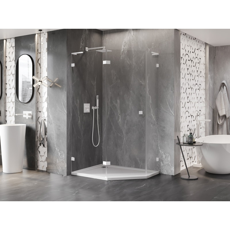 Mexen Lunar L pentagonal shower enclosure, hinged left 100 x 90 cm, transparent, white - 831L-100L-090P-20-00-L