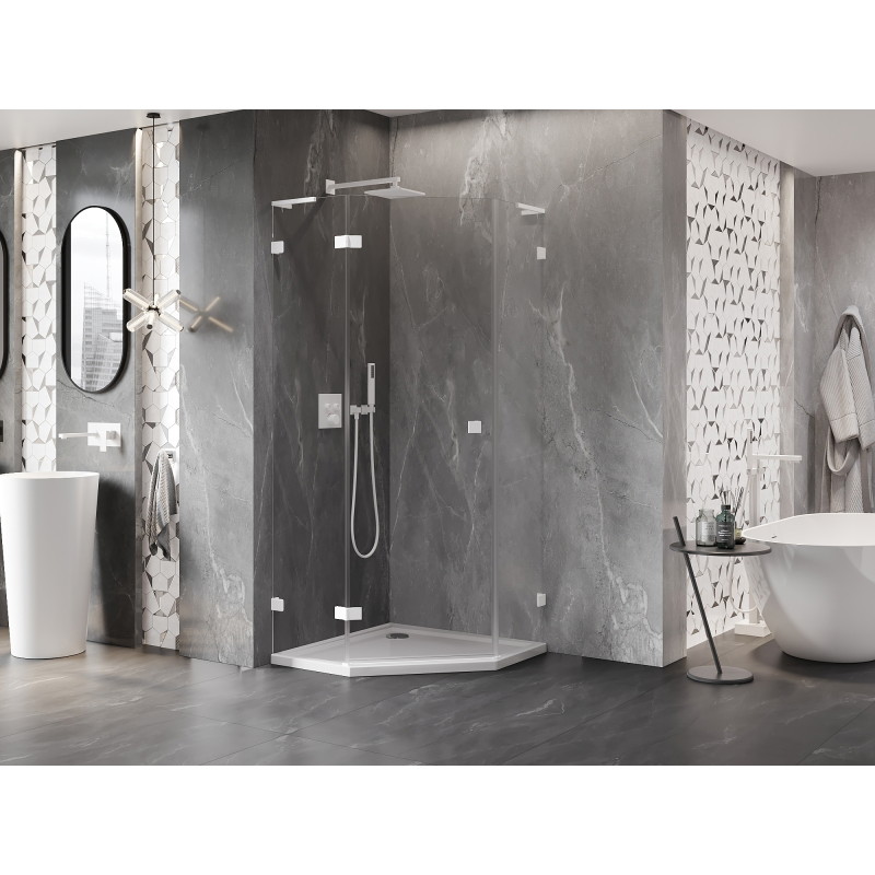 Mexen Lunar L pentagonal shower enclosure swing left 100 x 100 cm, transparent, white - 831L-100L-100P-20-00-L