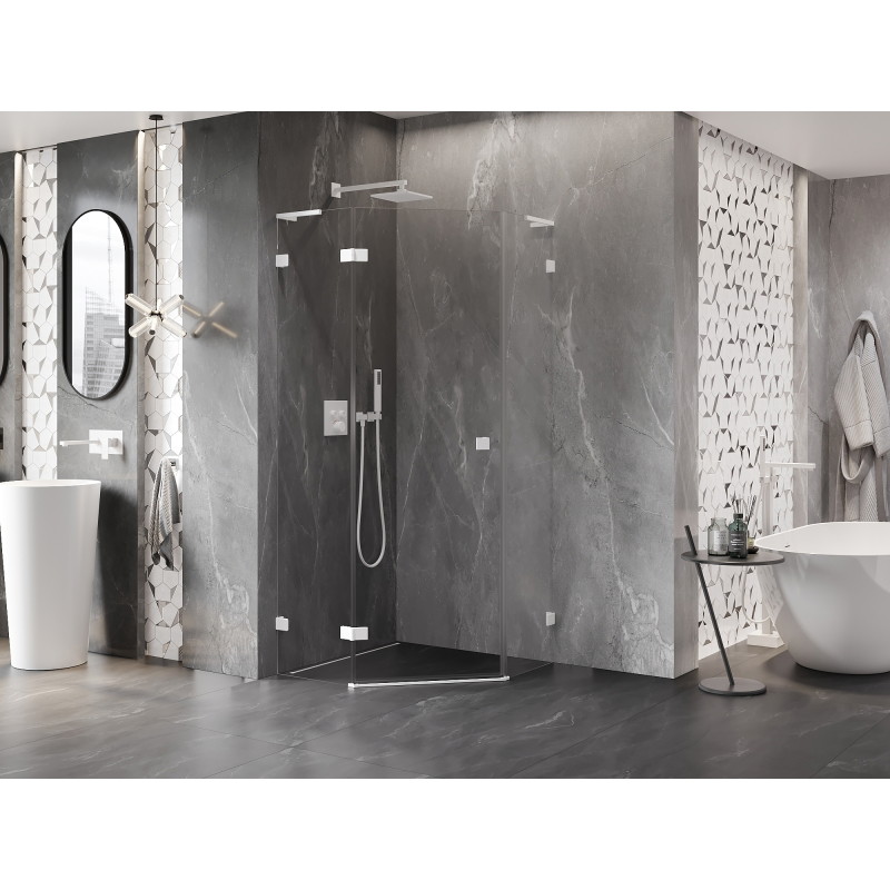 Mexen Lunar L pentagonal shower enclosure swing left 100 x 100 cm, transparent, white - 831L-100L-100P-20-00-L