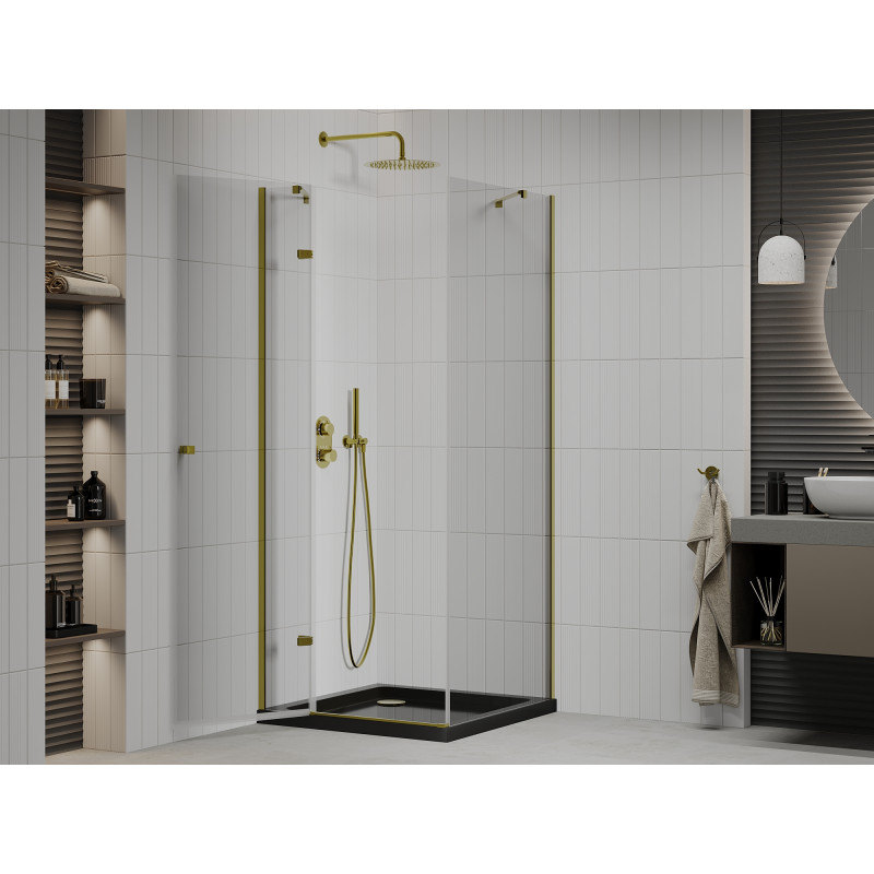 Mexen Roma hinged shower cabin 80 x 80 cm, transparent, gold + Flat shower tray, black - 854-080-080-50-00-4070G