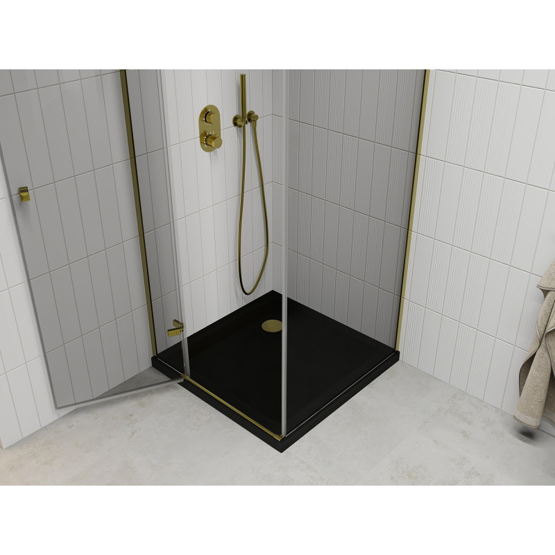 Mexen Roma hinged shower cabin 80 x 80 cm, transparent, gold + Flat shower tray, black - 854-080-080-50-00-4070G