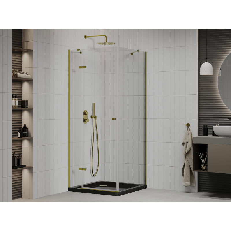 Mexen Roma 80 x 80 cm pivot shower enclosure, transparent, gold + Flat tray, black - 854-080-080-50-00-4070G