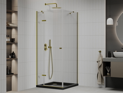 Mexen Roma hinged shower cubicle 80 x 80 cm, Transparent, Gold + shower tray Flat, Black - 854-080-080-50-00-4070G